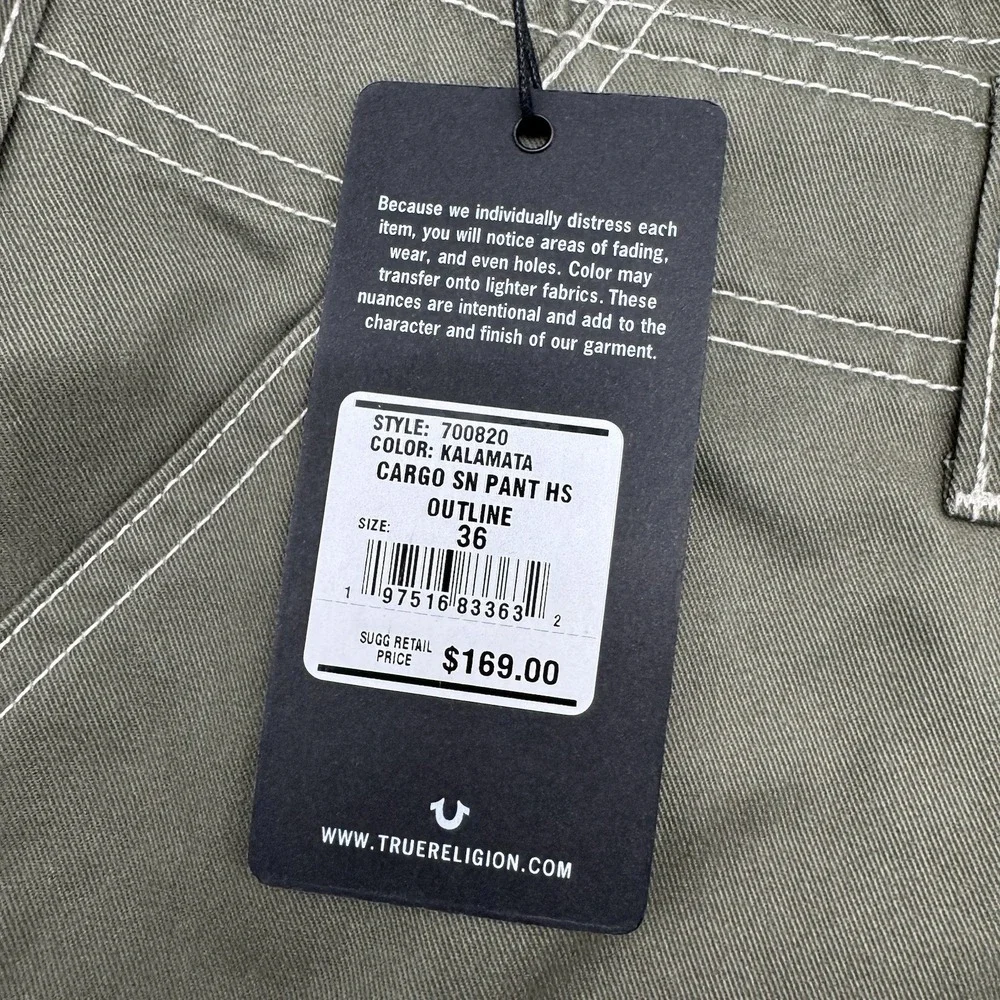 True Religion Cargo Pants Men's 36 Kalamata Green Style 700820 MSRP $169 NWT